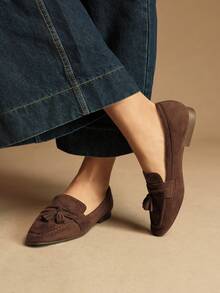 Rosivie 女士方头平底咖啡色绒面流苏舒适百搭日常休闲通勤一脚蹬乐福鞋 - 咖啡棕 - 查看 9