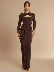 Silquee 秋冬季女士露胸扭腰修身长袖性感连衣裙 - 咖啡棕 - 查看 3
