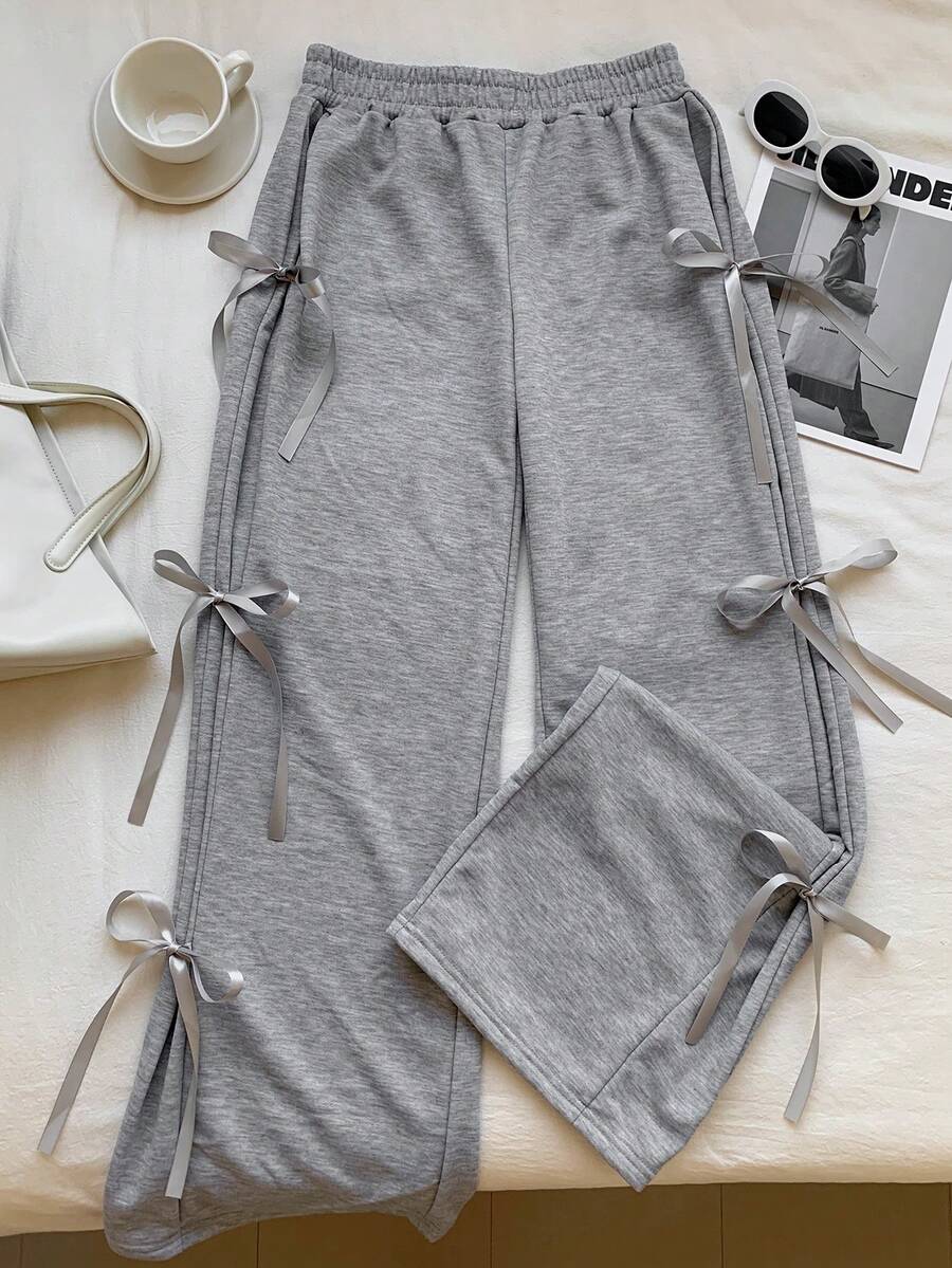 Comfortcana Light Gray Bow Tie Waist Contrast Color Plus Size Straight Leg Casual Sweatpants - Light Grey - View 1