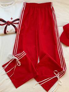 SHEIN EZwear 休閒色塊條紋編織寬腿裝多口袋褲 - 紅色 - 查看 4