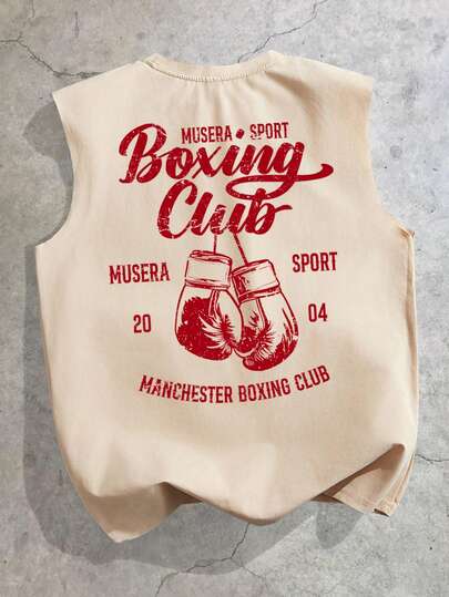 StoneGrade 大码男式休闲宽松卡其色拳击标语印花无袖背心