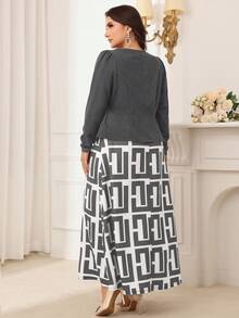Modelyn Plus Size Casual Daily All-Over Print Dress And Solid Color Jacket 2 Pieces Set, Autumn - Dark Grey - View 2