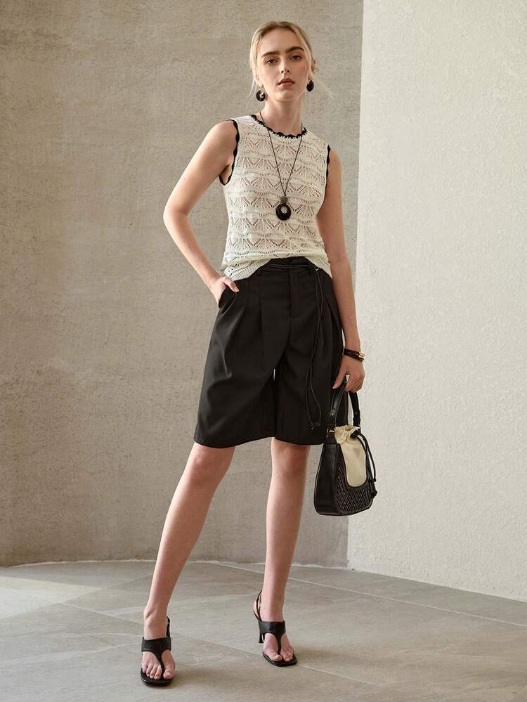 CONTRAST TRIM SLEEVELESS POINTELLE KNIT TOP