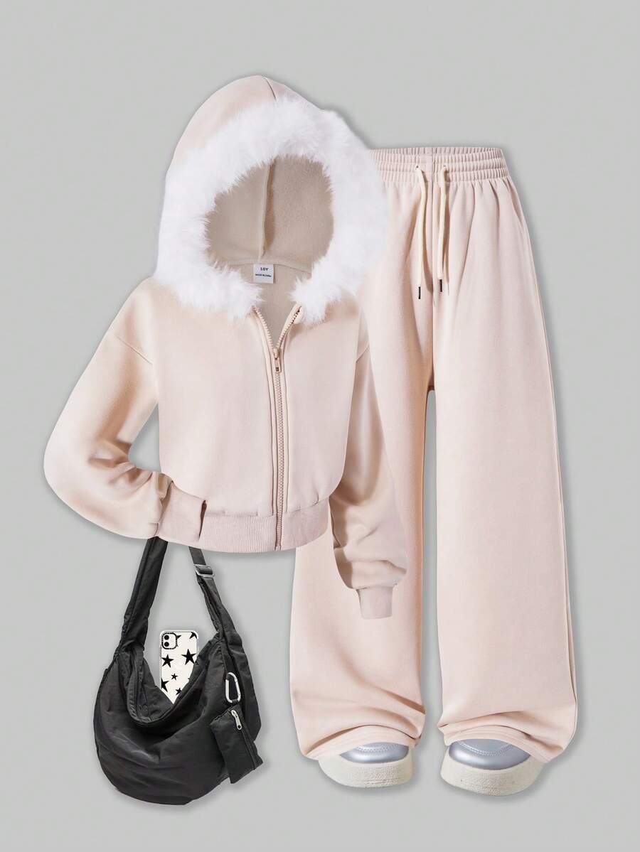 SHEIN ChillGRL Streecool Tween Girl Girls 2-Piece Set: Fleece Zip-Up Hooded Short Jacket With Frayed Edges + Drawstring Straight Leg Pants, Suitable For Casual, Commute, And Vacation In Autumn/Winter - Khaki - View 1