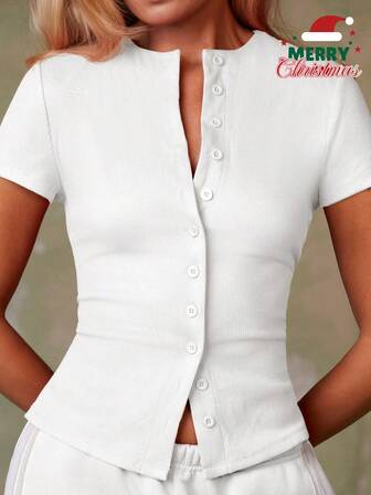 Athîral 女士休闲纯色短袖单排扣衬衫