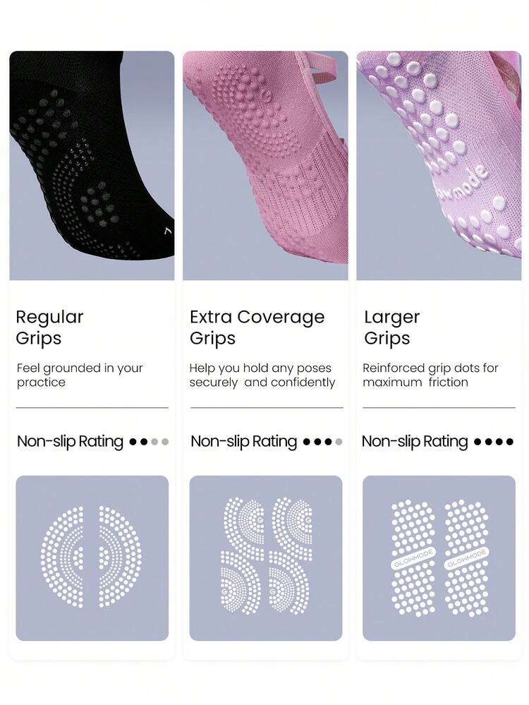 GLOWMODE 3 Pairs Yoga Pilates & Pilates Non-Slip Grip Socks With Seamless Toe Construction Yoga Pilates Daily