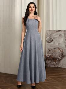 Modelyn 2件組女款純色長袖極簡夾克與寬肩帶休閒洋裝套裝 - 藏蓝色 - 查看 6