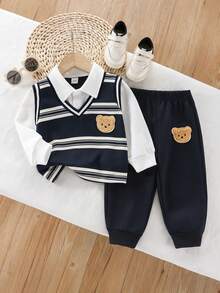 SHEIN Playful Pals 男婴三件套：衬衫、针织背心和休闲裤，英伦风，秋冬季