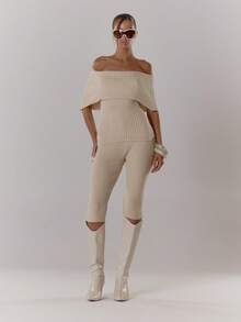 MUSERA 露肩极致翻领修身罗纹针织上衣七分裤套装，秋冬街头风酷女孩Y2K日常休闲复古风 - 杏色 - 查看 1