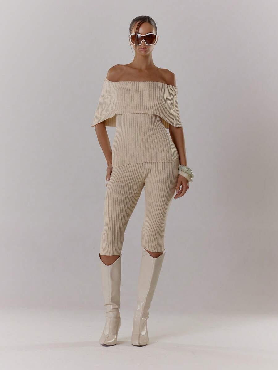 MUSERA 露肩极致翻领修身罗纹针织上衣七分裤套装，秋冬街头风酷女孩Y2K日常休闲复古风 - 杏色 - 查看 1