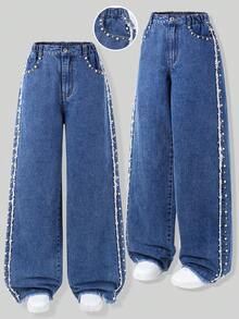 Teen Girls' Fashion Casual Faux Pearl Embellished Slant Pocket Wide Leg Jeans Teen Girl Y2K Style Casual Cute Jeans  Heavy Washed Elastic Waist Teenage (Women) Jeans, Suitable For Daily Wear Denim Baggy Street Vintage Retro Washed Loose Jeans Baggy Jeans Y2k Teen Outfits Kpop