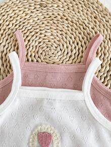 Vintaside Kids 2件装女婴田园简约爱心提花面料郁金香刺绣粉白吊带背心，适合日常穿着，春夏款 - 彩色 - 查看 10