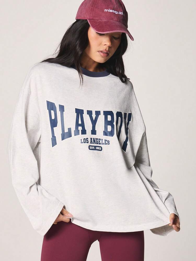 Missguided x Playboy T-shirt grafica a maniche lunghe Los Angeles con bordo a contrasto blu navy e stampa varsity