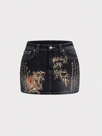 J-Fashion Y2K Retro Low-Waist Vintage New Chinese Style Tiger Head Embroidery Contrast Color Denim Mini Skirt For Women