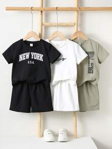 SHEIN 6件套男童休闲字母印花圆领针织T恤和短裤套装，适合上学和外出，春夏款 - 彩色 - 查看 8