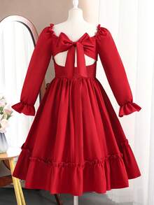 Robe de soirée en mousseline de soie rouge avec nœud papillon au dos, col en V et manches bouffantes, élégante pour les filles, convient pour les célébrations du Nouvel An - Rouge foncé - Voir 2