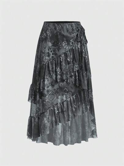 Hippie Gonna a strati con stampa floreale arricciata in stile boho per donna