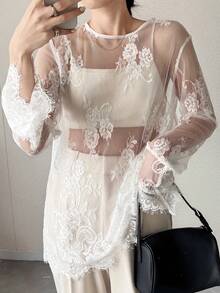 FRIFUL Áo kiểu nữ màu trơn, xếp lớp, ren xuyên thấu, tay loe, dáng rộng, thoải mái, đa năng, thích hợp cho mùa xuân. - trắng - Xem 2