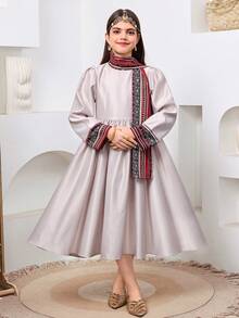 SHEIN Tween Girls Cute Puff Sleeve Cinched Waist Dress, Casual Daily & Party Wear, Middle Eastern Pattern Retro Print, Middle Eastern Traditional Clothing Abaya Robe - Grey - View 6