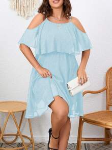 Flouryn Plus Size Women Solid Color Ruffle Trim Off Shoulder Fashionable Dress - Baby Blue - View 5
