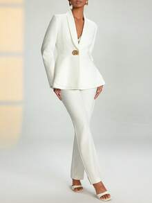 RueChic Women Two Pieces Suit Sets Blazer Jacket And Pants - White - View 3