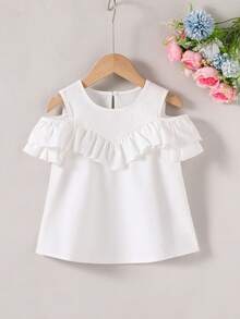 SHEIN 女童白色露肩简约日式优雅棉麻衬衫 - 白色 - 查看 5