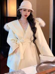 DAZY Women's Elegant Wool Collar Belted Overcoat, Autumn/Winter - White - View 5