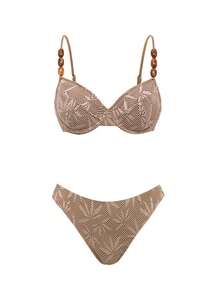 Swim Oasis Summer Vacation Beach Sexy Underwire Backless Leaf Fabric Bikini Set With Scarf And Maxi Skirt - Khaki - View 4