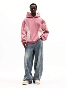 SUMWON Boxy Fit Tonal Paneled Overhead Hoodie With Metal Studs Centre Pocket Casual Streetwear Long Sleeve Plain - Pink - View 8