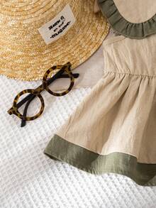 SHEIN 2件套女婴幼儿0-3岁休闲日常水洗纯棉宽松翻领无袖衬衫上衣和阔腿裤套装 - 軍綠色 - 查看 8