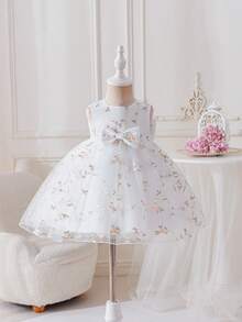 Glamorique Kids 女婴花卉刺绣缎面网纱露背蝴蝶结装饰高腰无袖连衣裙，女婴生日派对婚礼宾客优雅公主风长裙 - 米色 - 查看 7