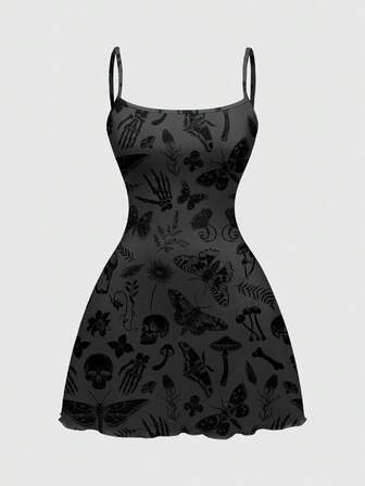 Goth Gotischer, dunkel-mysteriöser Totenkopf, Motte, Blumen, Sonne, Mond, Stern, Dämon Allover-Muster Sexy Trägerkleid Mini für Frauen