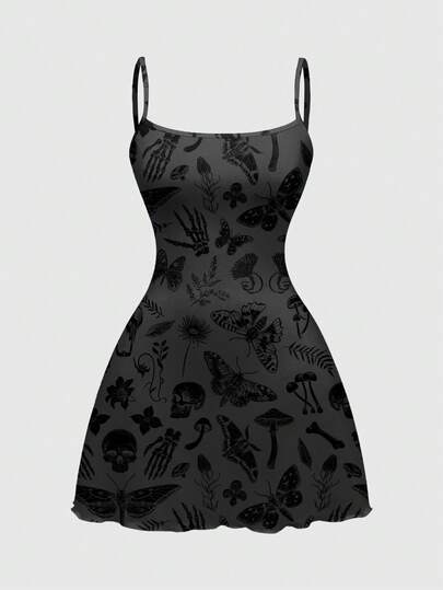 Gothic Dark Mysterious Skull, Moth, Floral, Sun, Moon, Star, Demon Allover Print Sexy Spaghetti Strap Mini Dress For Women