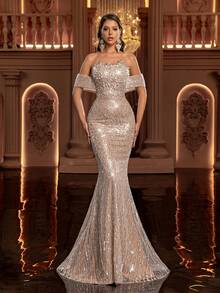 Glamrae Elegant Luxurious Lotus Pink Beaded Sequin Floral Off Shoulder Sexy Bodycon Mermaid Dress, Suitable For Weddings, Parties, Vacations, Balls, Formal Occasions (Heavy Embellished) Sparkly - Champagne - View 7