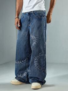 ROMWE MEN Street Life 男士口袋蝎子刺绣阔腿宽松休闲百搭牛仔裤 - 藏蓝色 - 查看 4