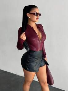 SHEIN SXY Áo liền thân dài tay nữ họa tiết giả da cá sấu, khóa kéo phía trước. - Màu Đỏ Sâu - Xem 4