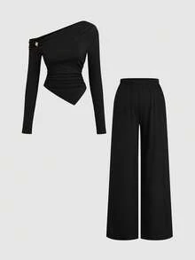 Sweetra 2 piezas Conjunto de mujer talla grande con diseño plisado y decoración de flor de metal vintage elegante, blusa asimétrica de hombros descubiertos de manga larga y pantalones rectos casuales y sueltos, estilo universitario, adecuado para primavera y verano