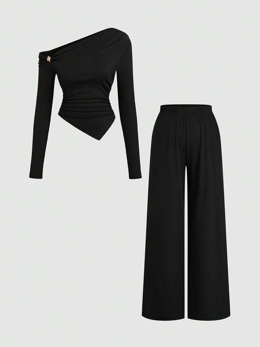 Sweetra 2 piezas Conjunto de mujer talla grande con diseño plisado y decoración de flor de metal vintage elegante, blusa asimétrica de hombros descubiertos de manga larga y pantalones rectos casuales y sueltos, estilo universitario, adecuado para primavera y verano