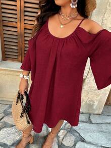 Weeklong Plus Size Round Neck Ruched Pleated Split Flare 3/4 Sleeve Casual A-Line Midi Dress - Burgundy - View 8