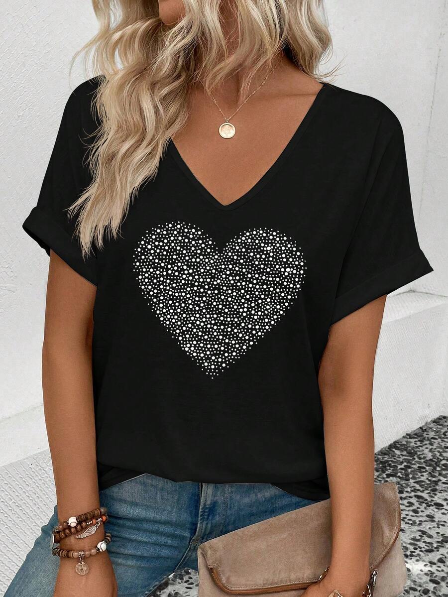 EMERY ROSE Fashionable Casual New V-Neck Turnover Cuff Black Base White Polka Dot Heart Print Women T-Shirt - Black - View 1