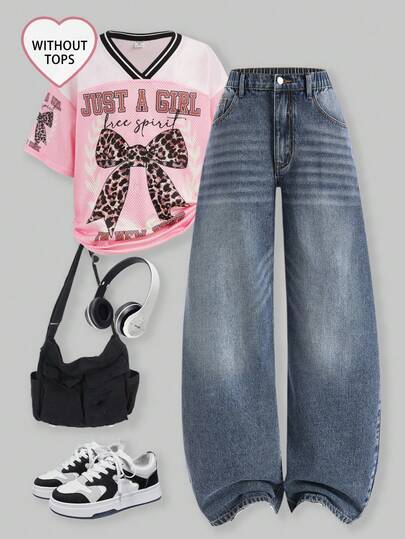 SHEIN Sparklyn Jeans para adolescentes, estilo universitario Y2K, casual y versátil, personalizado con diseño audaz para exteriores, decoración con colgante, pierna acampanada, cómodo algodón, adecuado para uso diario, escuela, transporte, fiesta, temporada de regreso a clases, nueva colección