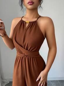 Elenzga Women's Elegant Casual Brown Crinkle Fabric Halter Beaded Design Waist Button Bow Tie Jumpsuit, Spring/Summer - Brown - View 7