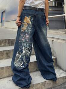 ROMWE MEN 男士刺绣图案宽松牛仔裤 - 深色水洗藍 - 查看 4