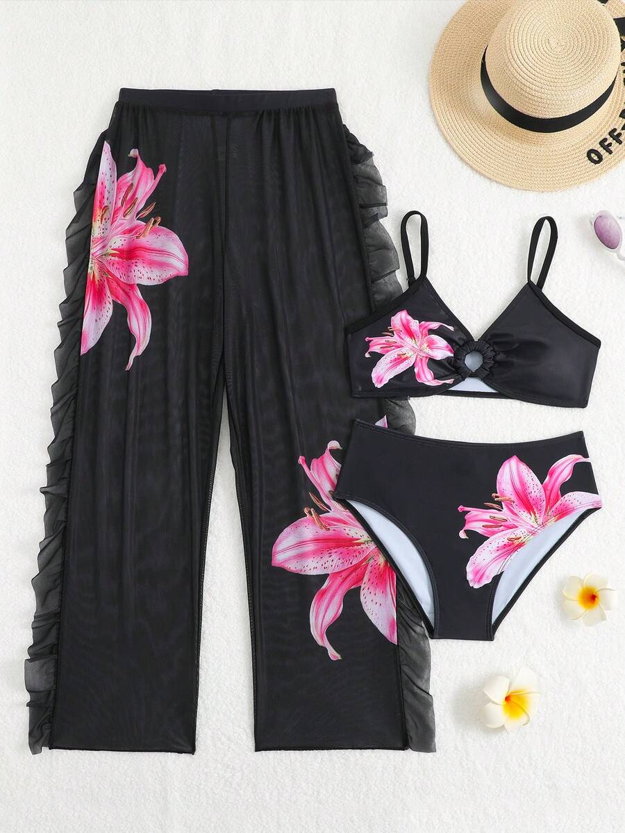 SHEIN Tween Girls 3-Piece Floral Print Bikini Set, Includes Swimsuit Top, Bottom And Sheer Pants, Fashionable & Elegant, Suitable For Swimming, Vacation, Summer Black Hibiscus Swimsuit Bikini Set Black And Pink Flower 3piece Set Girls Summer 3 Piece Swimsuit Set Girls Black With Pink Flower Swimsuit Girls Three Piece Swimsuit 3pc Girls Summer Mesh Tween Three Piece Swim Suit Tweens 3 Piece Bikini Set Three-Piece Swimsuit Set Girls Beach Sets Swimsuits For Teen Girls Flower Flower Bikini