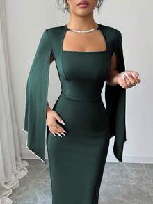 Elenzga Elegant & Refined Pearl Decor Bodycon Waist Dress For Women - Dark Green - View 7