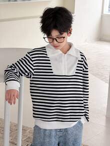 SHEIN Little Byeori 两件套男童黑白条纹半拉链卫衣，保暖舒适，适合户外、上学、日常穿着，秋冬季节适用。 - 黑與白 - 查看 6
