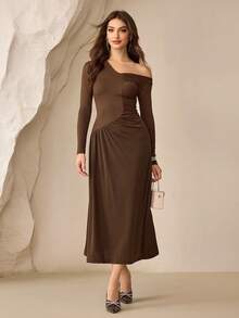 Modelyn Women's Elegant Casual Party Knitted Ruched Patchwork Asymmetrical Collar Coffee Color Dress, Autumn/Winter - Coffee - View 6