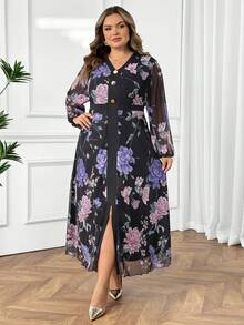 SHEIN CURVE+ Valentine's Day Women's V-Neck Lantern Sleeve Stretch Mesh Contrast Print Fitted Waist Elegant Romantic Plus Size Dress Fall Cloth For Women 8xl Women Clothes Plus Size Floral Dress - Multicolor - View 7