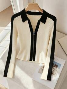 Franclia تي شيرت كاجوال للنساء بياقة ملونة وأكمام طويلة وسحاب أمامي