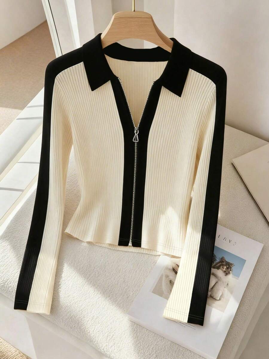 Franclia تي شيرت كاجوال للنساء بياقة ملونة وأكمام طويلة وسحاب أمامي